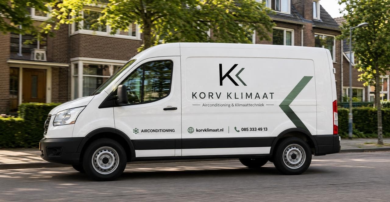 Bedrijfsbus van KORV Klimaat in een Nederlandse woonstraat